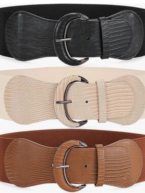 Women's Textured Elastic Waist Belt — Black, Beige, Brown